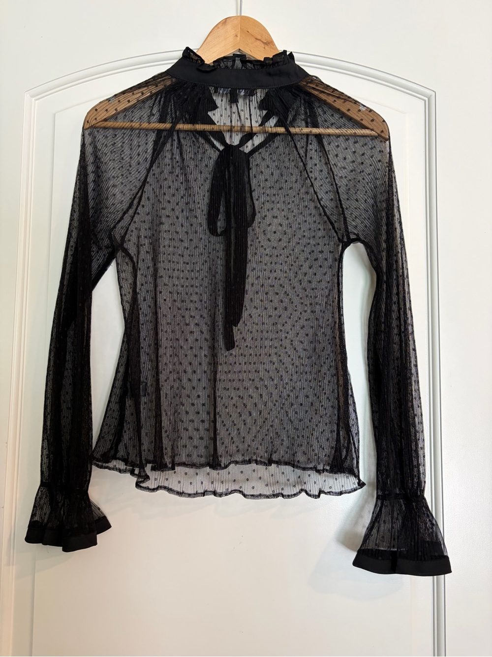 Story On Women’s Black Sheer Tie-Neck Ruffle Whimsigoth Blouse S